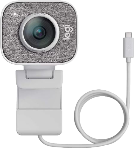 Fehér webkamera szürke előlappal és USB-C kábellel. A lencse látható. Fehér háttér.