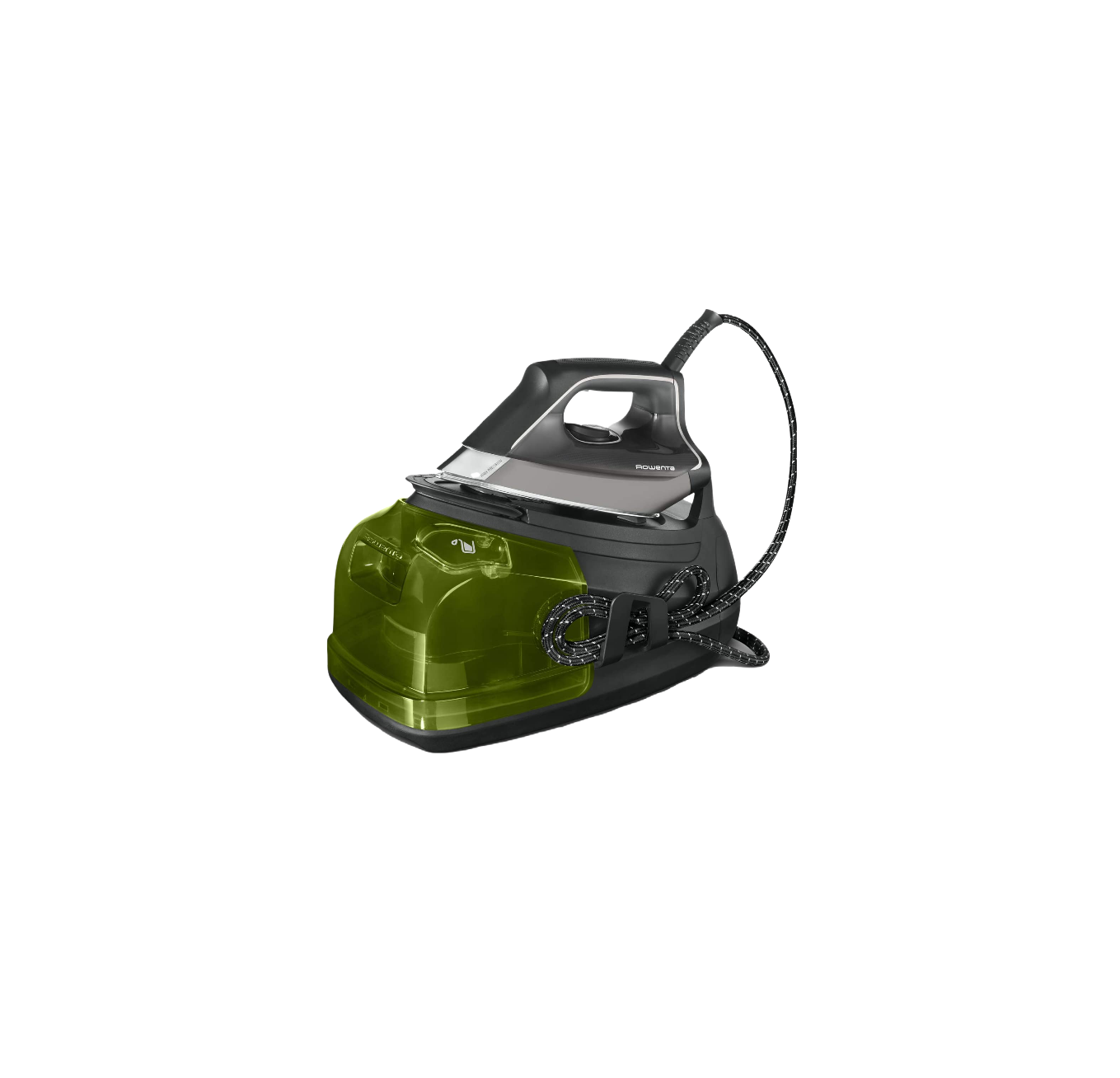 Máquina de planchar con depósito de agua verde. Diseño negro y gris. Fondo negro.