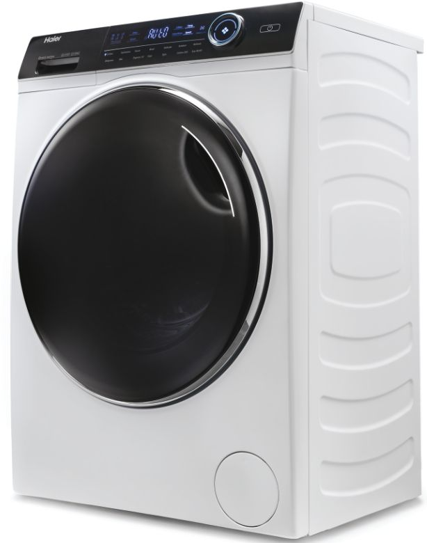 Lave-linge blanc avec porte noire. Panneau de commande supérieur. Marque : Haier.