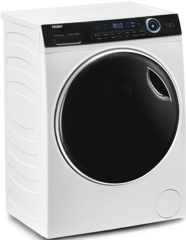 Un sèche-linge Haier blanc avec une porte noire et un affichage numérique. Il est sur fond blanc.