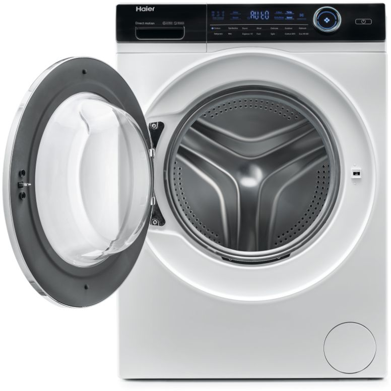 Lave-linge Haier blanc. Porte ouverte, tambour visible. Fond blanc.