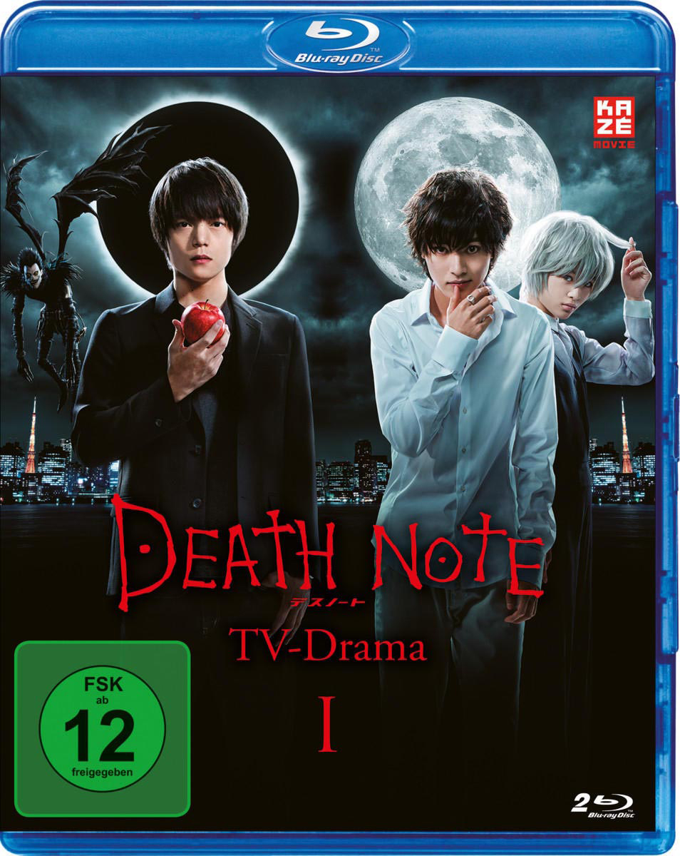 Death Note Anime Blu-ray Cover. Drei Charaktere in dunkler Umgebung, Stadtbild im Hintergrund.