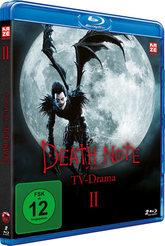 Blaue Blu-ray-Hülle für Death Note II TV-Drama. Mit Anime-Figur und Mond.