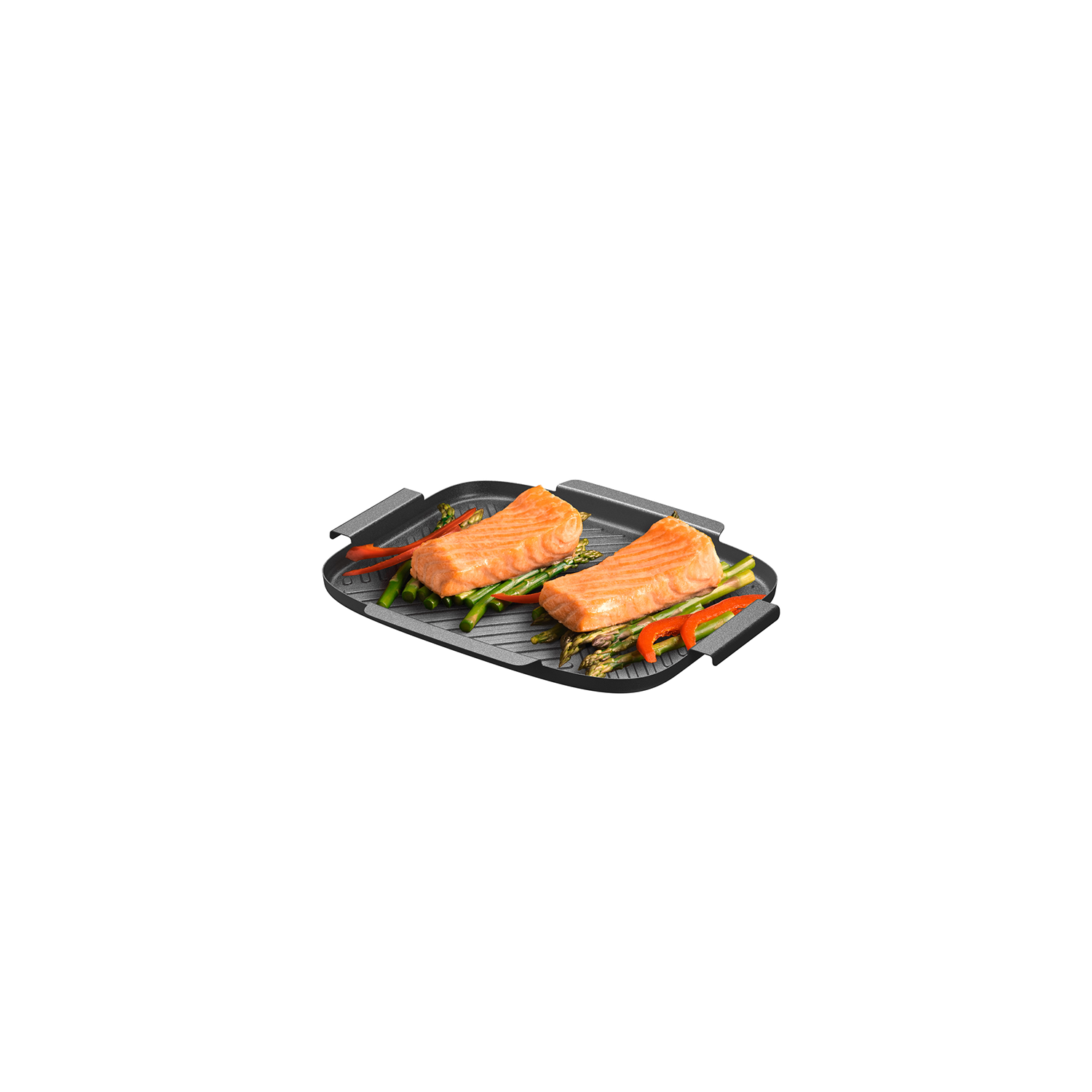 Two salmon fillets on a grill pan with asparagus and red peppers.