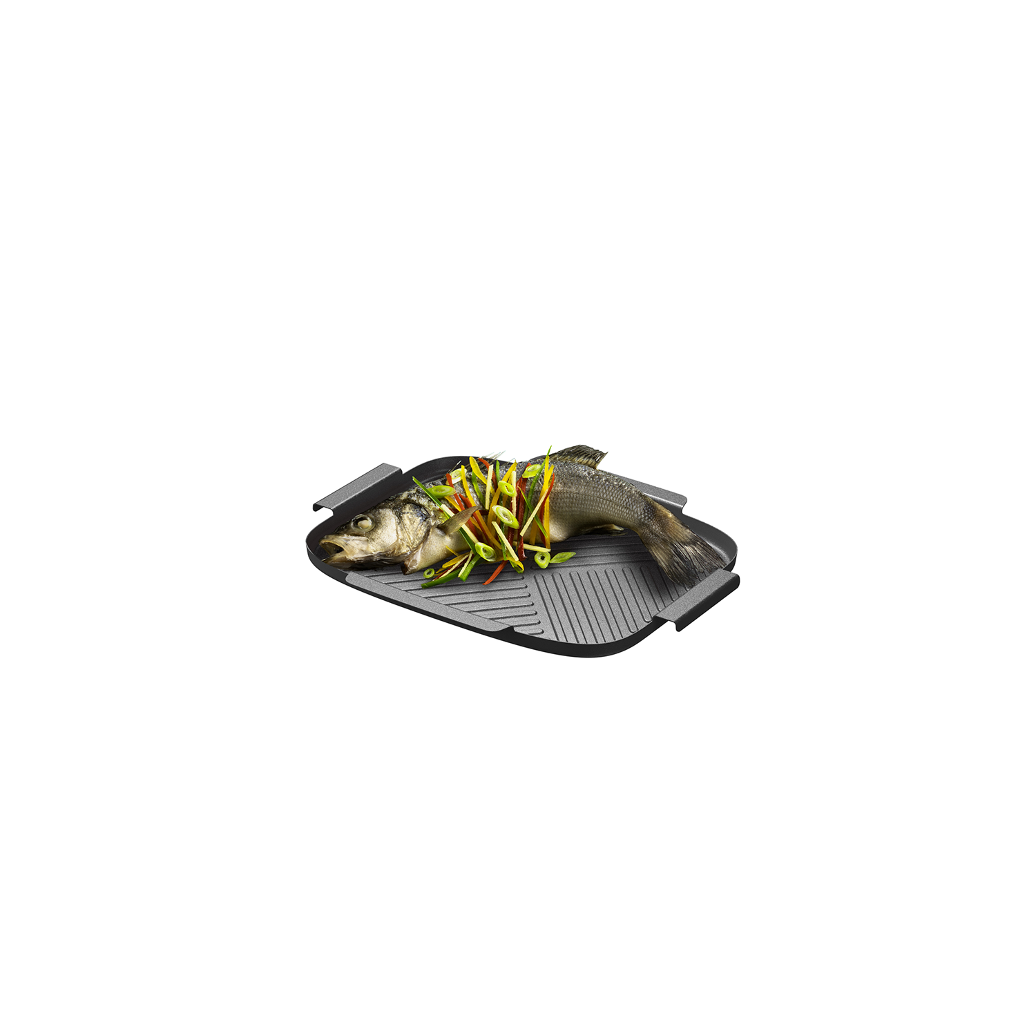 Cooked fish on a black grilling pan with vegetables. The pan has handles and is set on a white background.