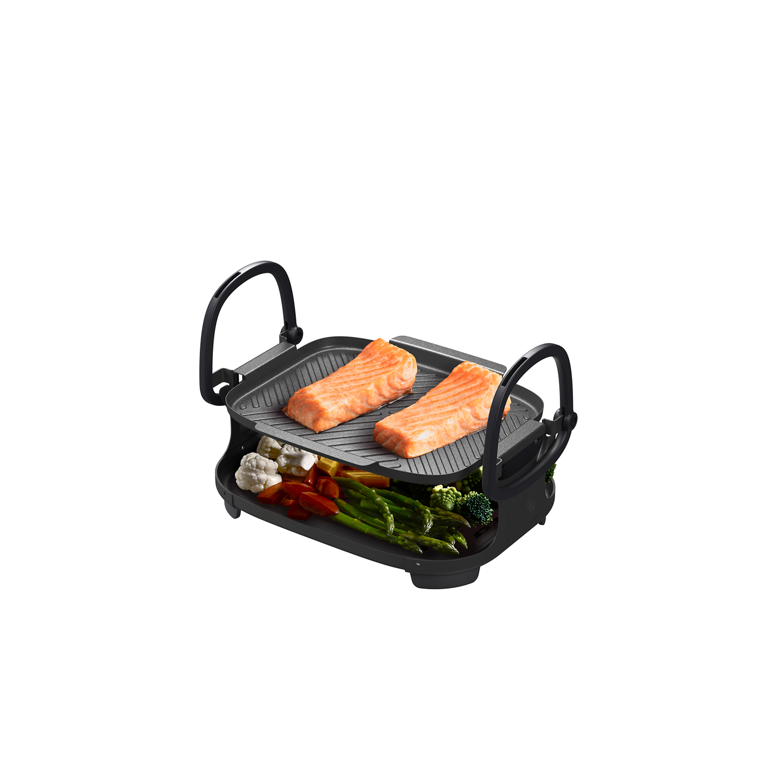 A black grill with two pieces of salmon and vegetables on the lower part. The background is white.