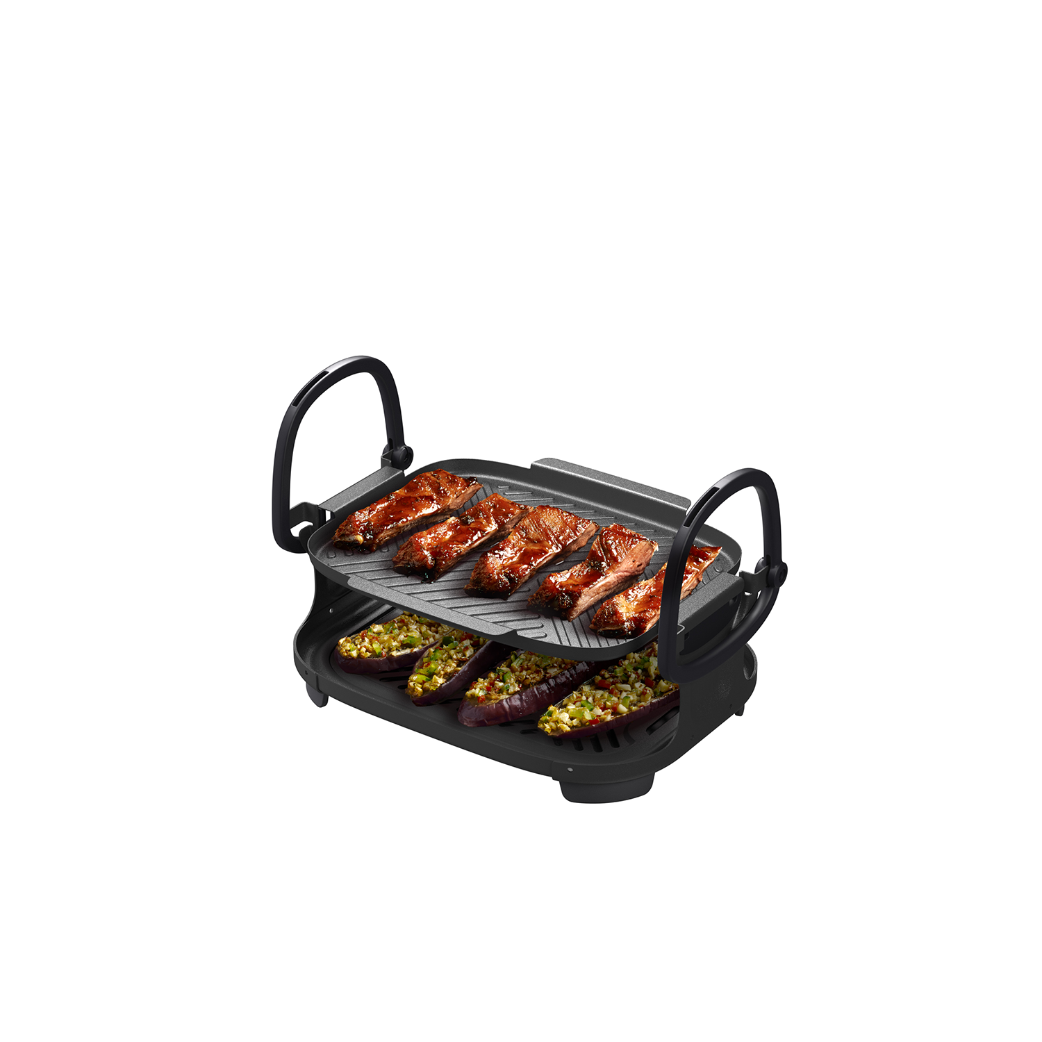 A black grill with food on two levels. Top level has ribs. Bottom level has stuffed peppers.