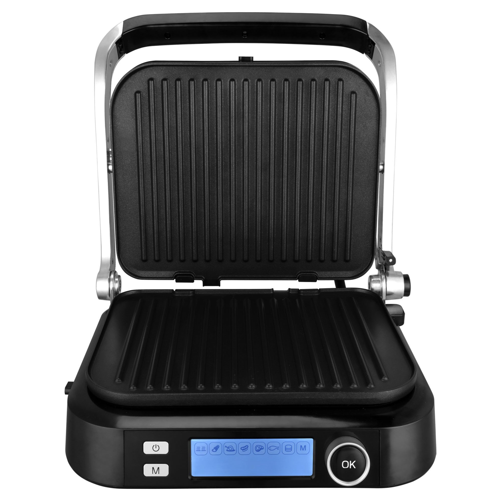Fekete-ezüst grill nyitott fedéllel, digitális kijelzővel és gombokkal.