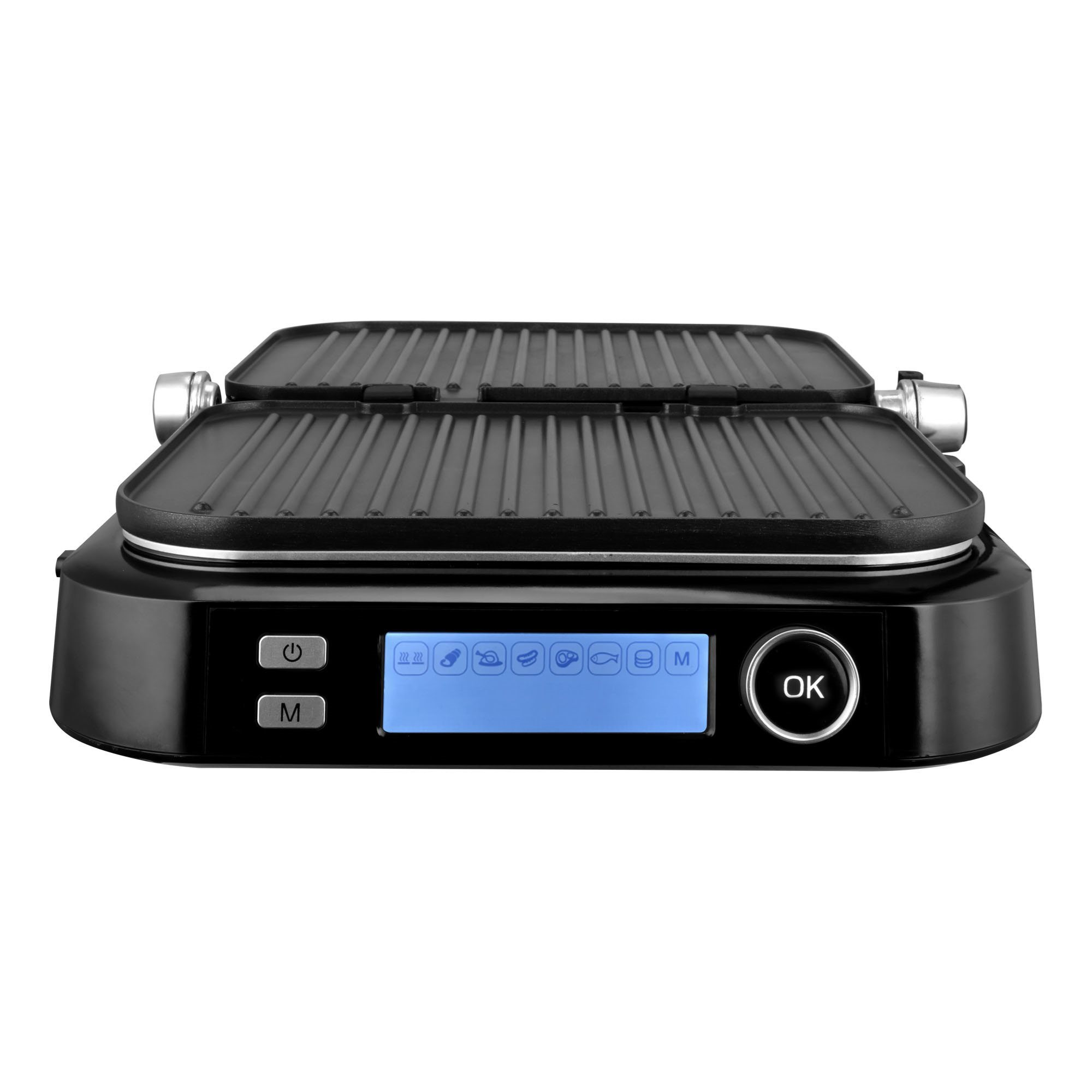 Egy fekete elektromos grill kék kijelzővel és OK gombbal. A grill nyitva van.