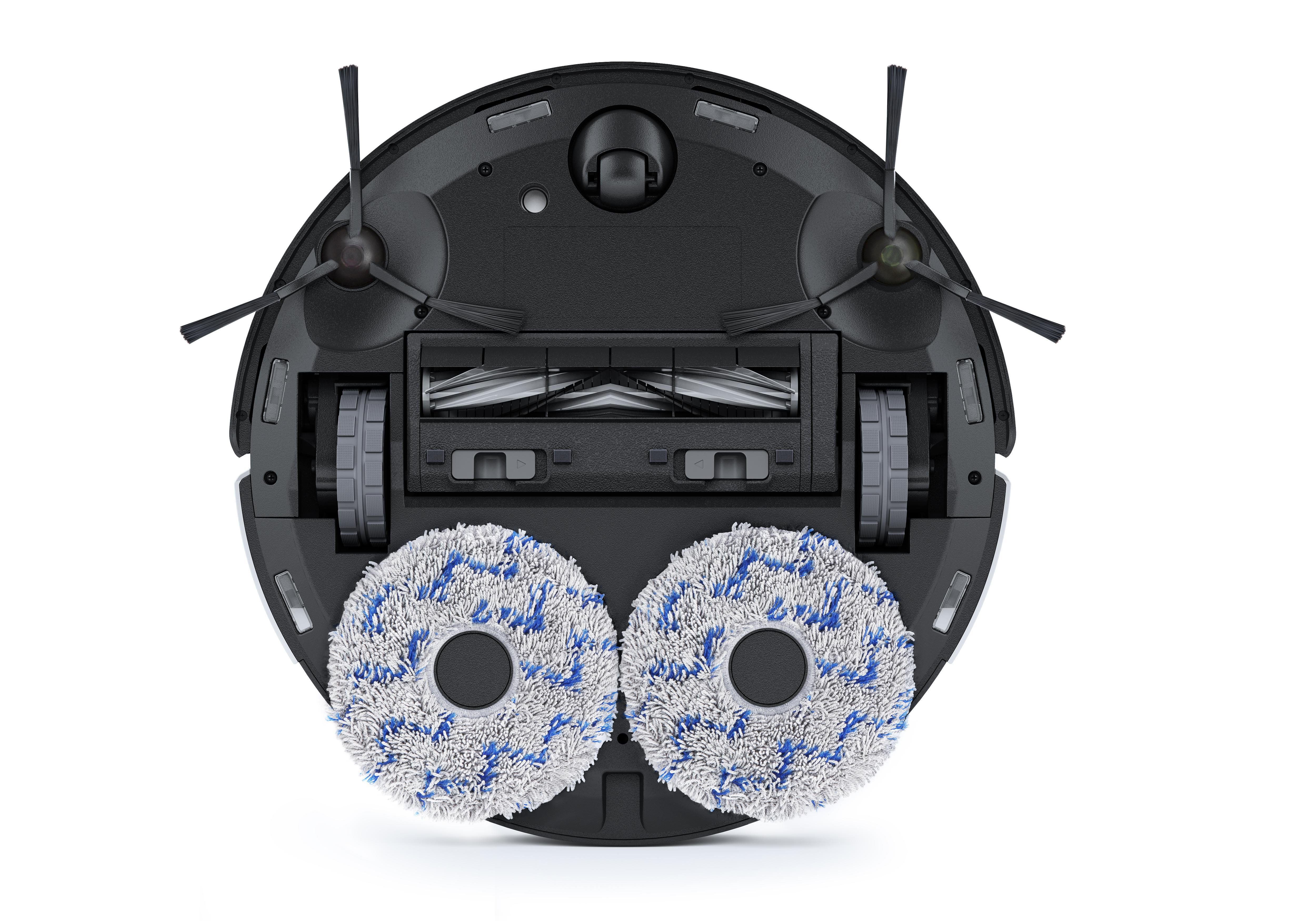 Unterseite eines schwarzen Roboter-Staubsaugers mit Bürsten und Wischpads.