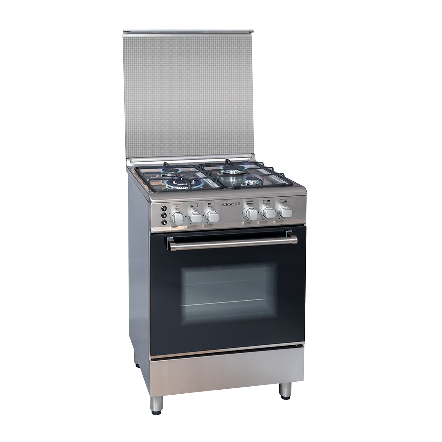 Una cocina de gas de acero inoxidable con una puerta de cristal negra.
