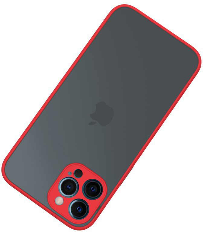 Fekete iPhone tok hátulja piros kerettel és kamerakivágással.