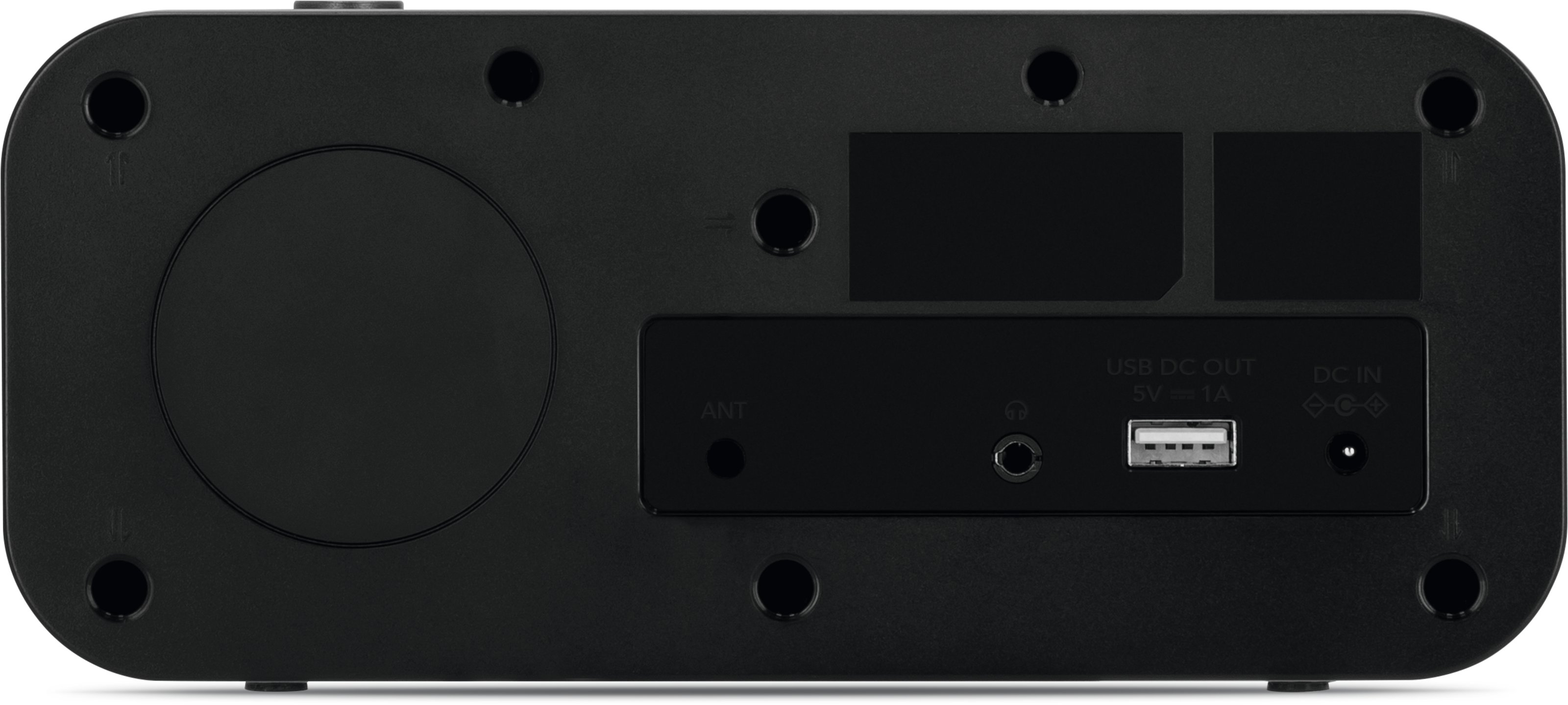 Schwarzes Rückteil eines Audiogeräts. Merkmale sind USB, DC-Eingang, Antenne und Kopfhöreranschlüsse. Es gibt auch Schraubenlöcher.