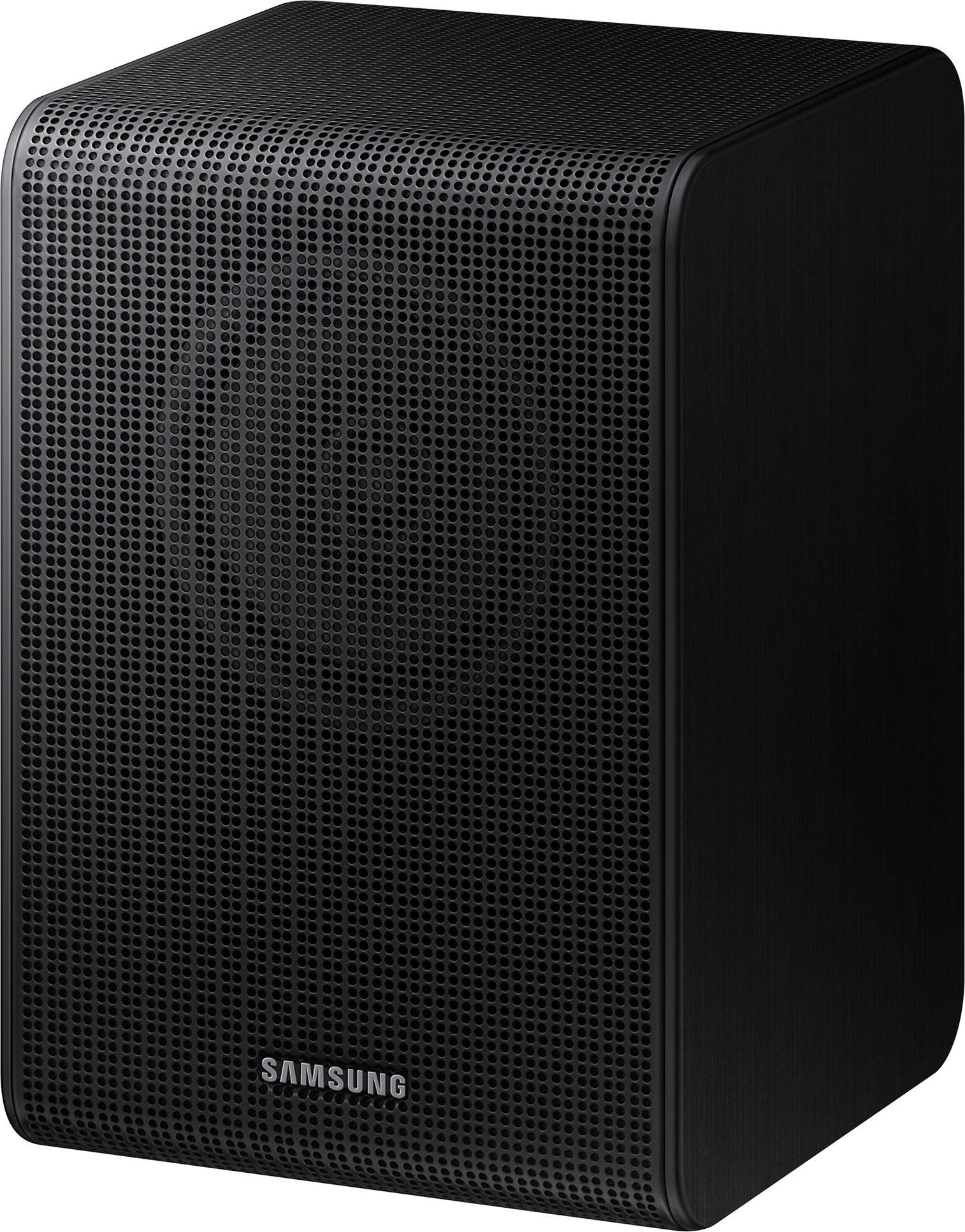 Ein schwarzer Lautsprecher mit kleinen Löchern auf der Oberfläche. Das SAMSUNG-Logo ist auf der Vorderseite.