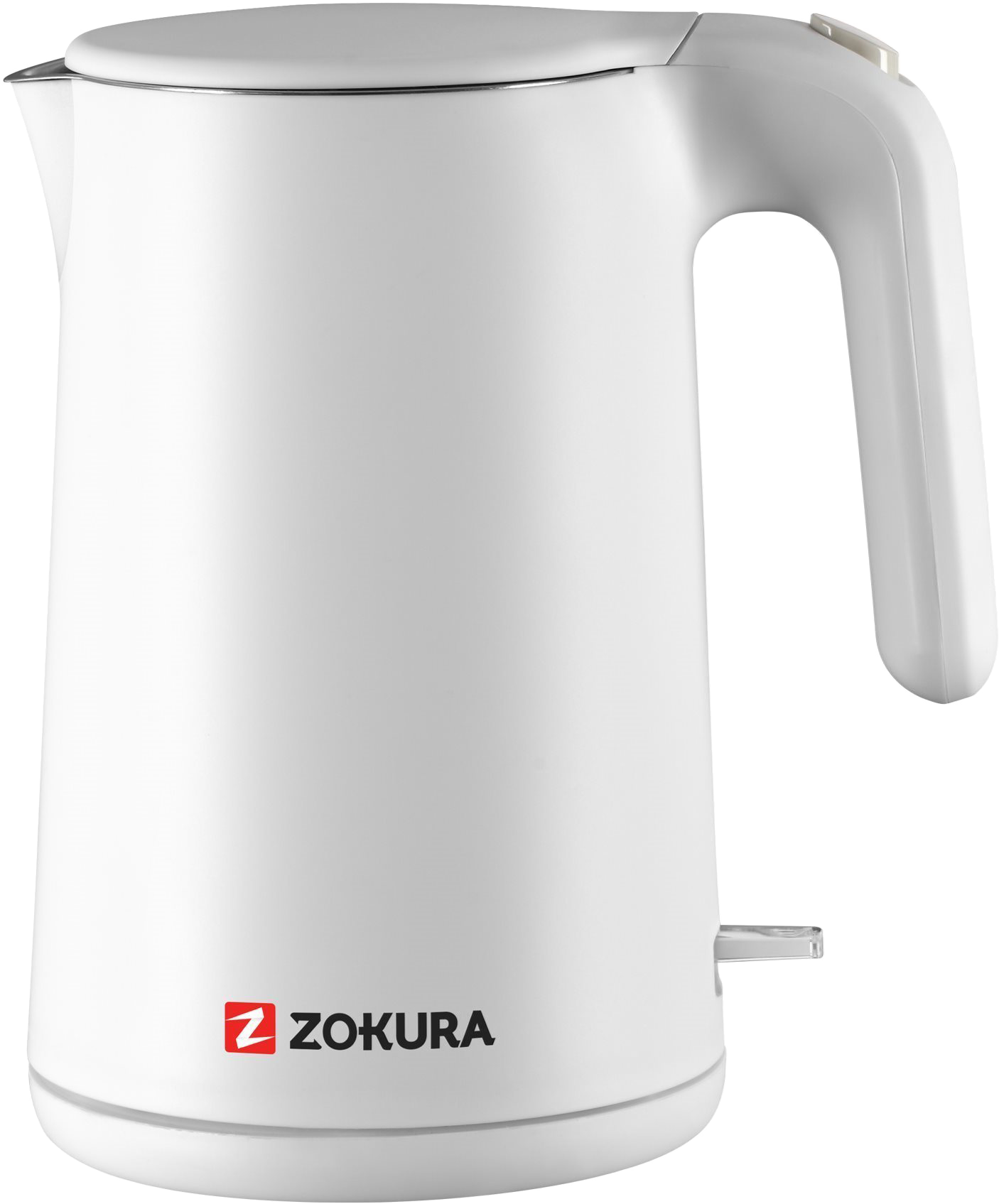 Fehér elektromos vízforraló fogantyúval és a Zokura logóval.