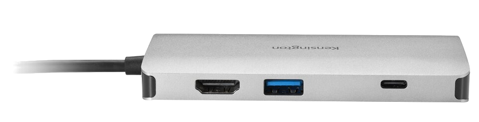 Ezüst Kensington USB-C hub HDMI, USB és USB-C portokkal, fekete háttérrel.