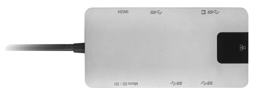 Ezüst többfunkciós adapter HDMI, USB és Micro SD/SD foglalatokkal.