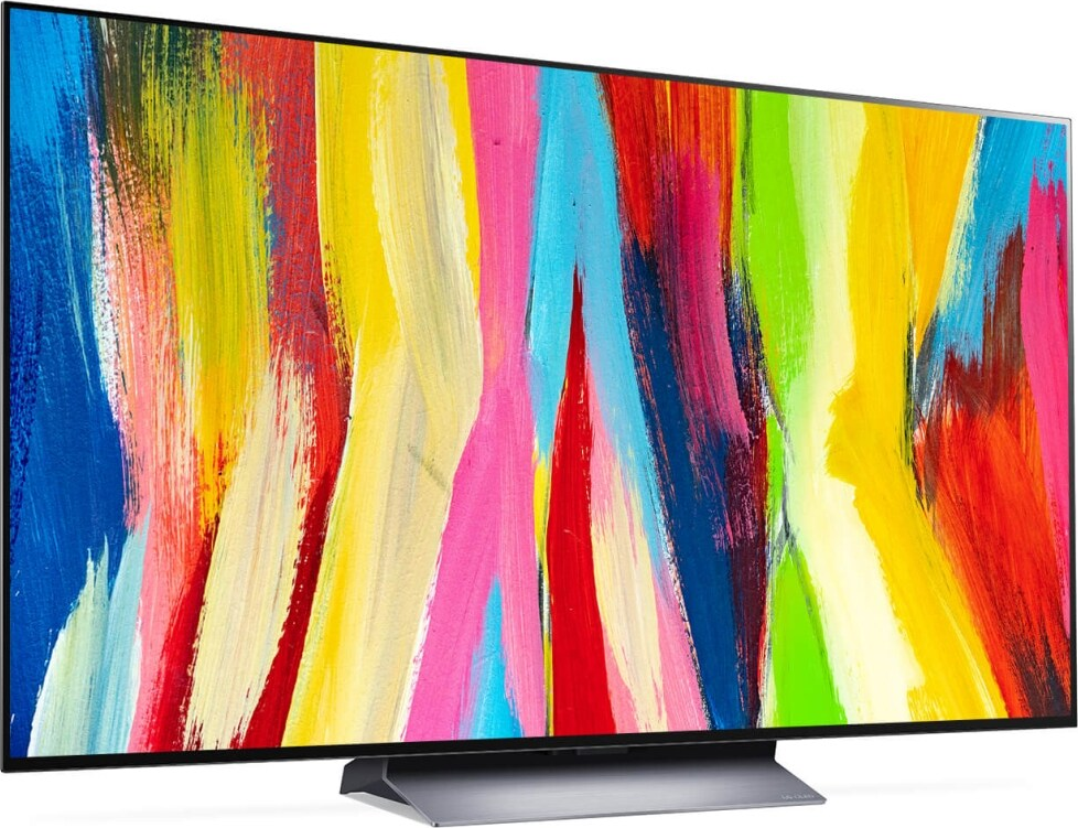 OLED-Fernseher mit farbenfroher abstrakter Kunst auf dem Bildschirm.
