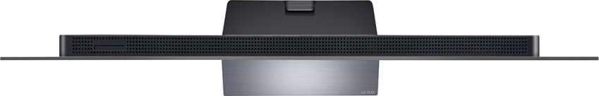 Draufsicht auf einen modernen Fernseher. Schlankes schwarzes Design mit silberner Basis und Lochreihe.