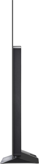 Seitenansicht eines schwarzen Fernsehers auf einem Ständer. Einfaches Design.