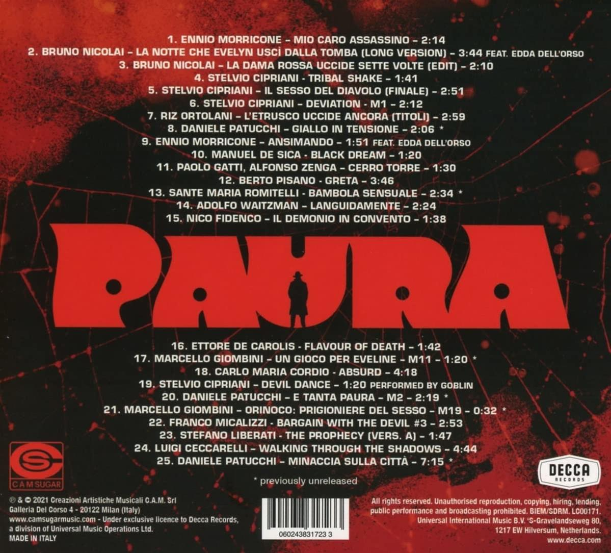 CD-Cover mit Titellisten. Der Titel lautet PAURA mit einer Silhouette. Der Hintergrund ist rot und gelb.