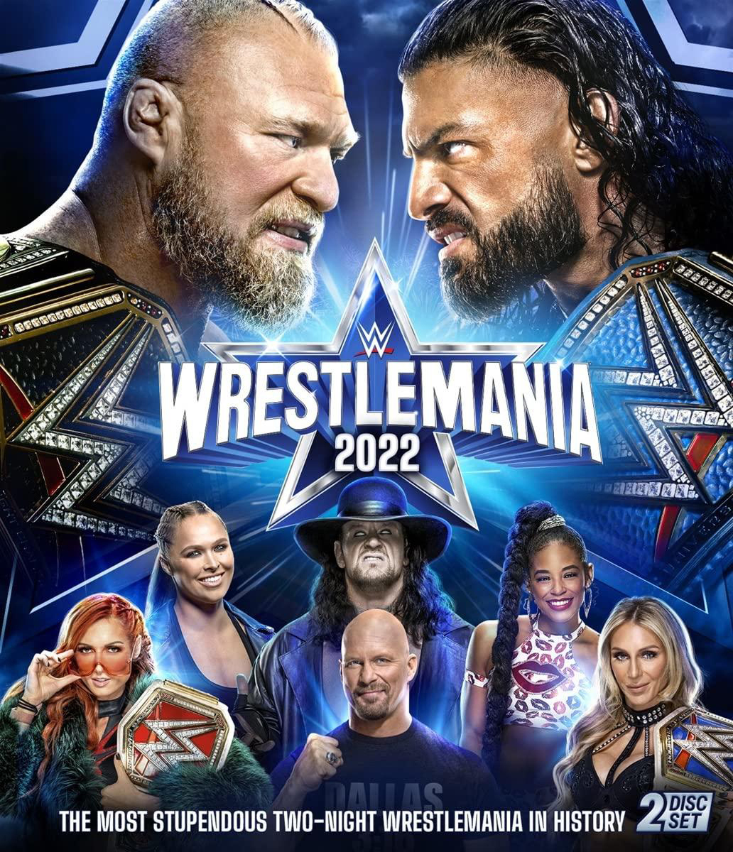 WrestleMania 2022-Poster mit Brock Lesnar, Roman Reigns und anderen Wrestlern.