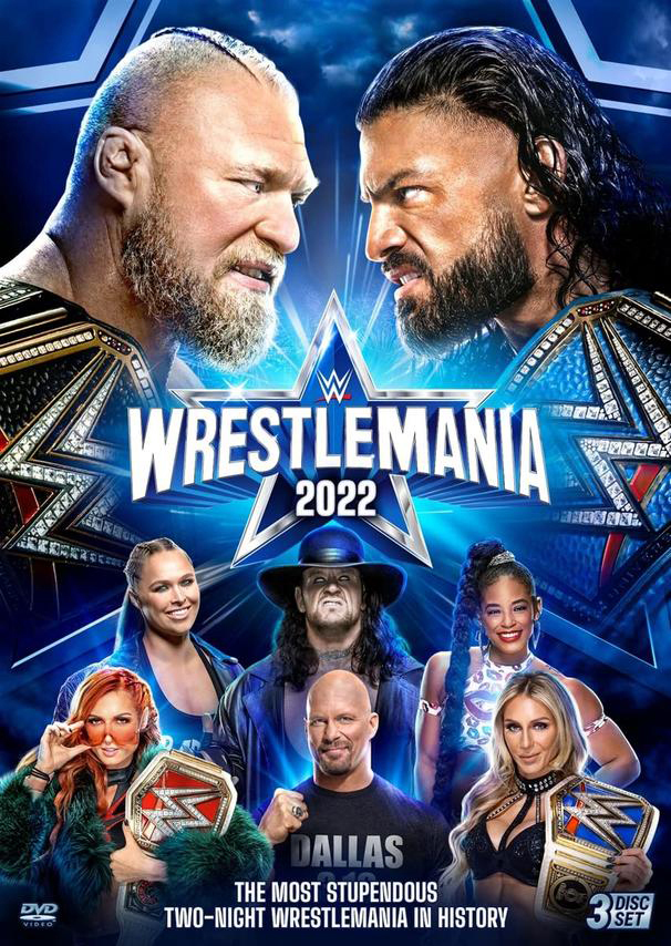 WrestleMania 2022 DVD-Cover mit Wrestlern, darunter Brock Lesnar und Roman Reigns.