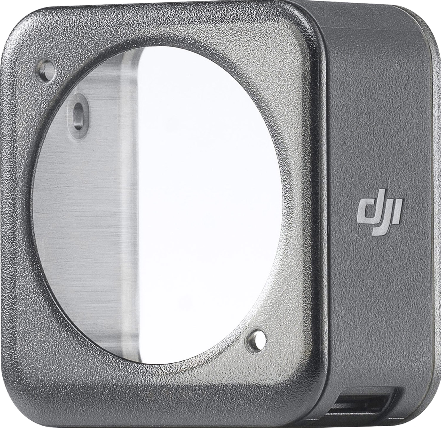 Un protecteur d'objectif d'appareil photo DJI carré et gris. Il a une grande ouverture circulaire.