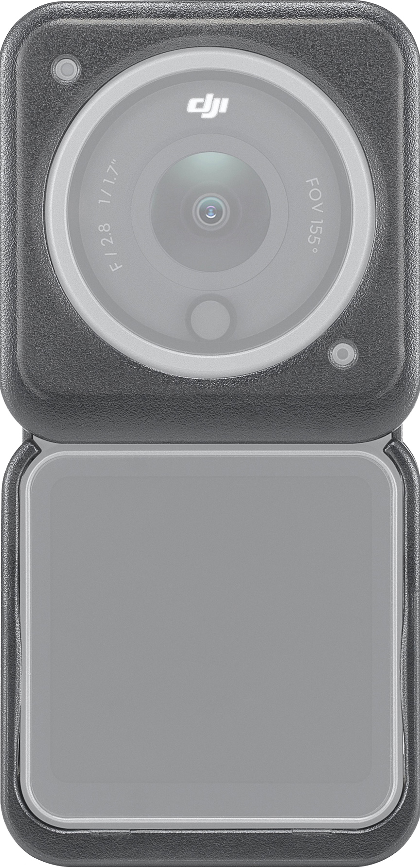 Étui d'appareil photo noir, ouvert pour montrer l'appareil photo. L'appareil photo a un objectif et le logo DJI.
