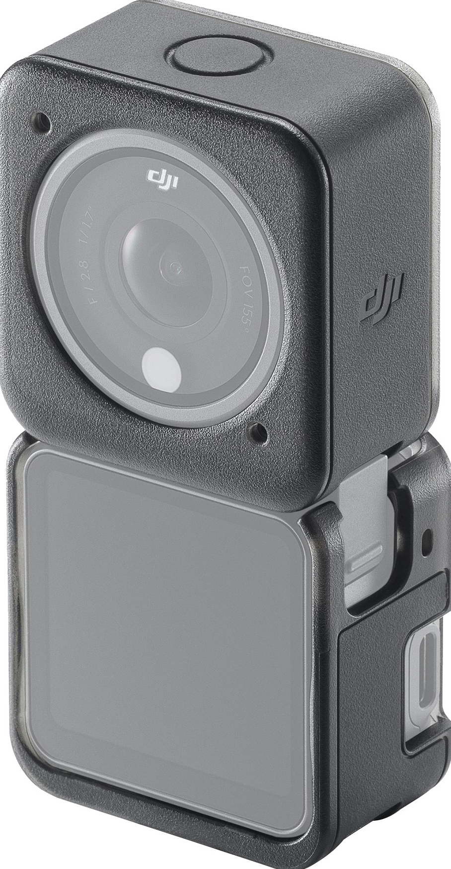 Caméra d'action noire avec objectif et écran LCD, dans un étui de protection.