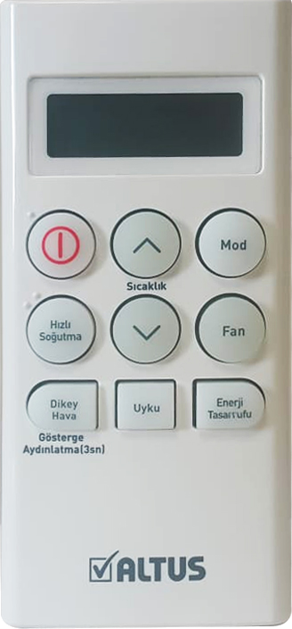 Çeşitli düğmeleri ve dijital bir ekranı olan beyaz bir uzaktan kumanda.