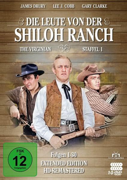 DVD-Cover mit drei Männern in Cowboy-Kleidung. Text lautet 'Die Leute von der Shiloh Ranch'.