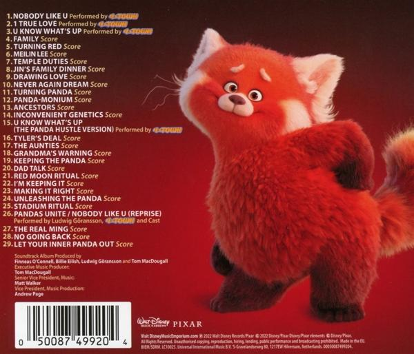 Roter Panda aus dem Film 'Turning Red', mit Titelliste auf der Rückseite.