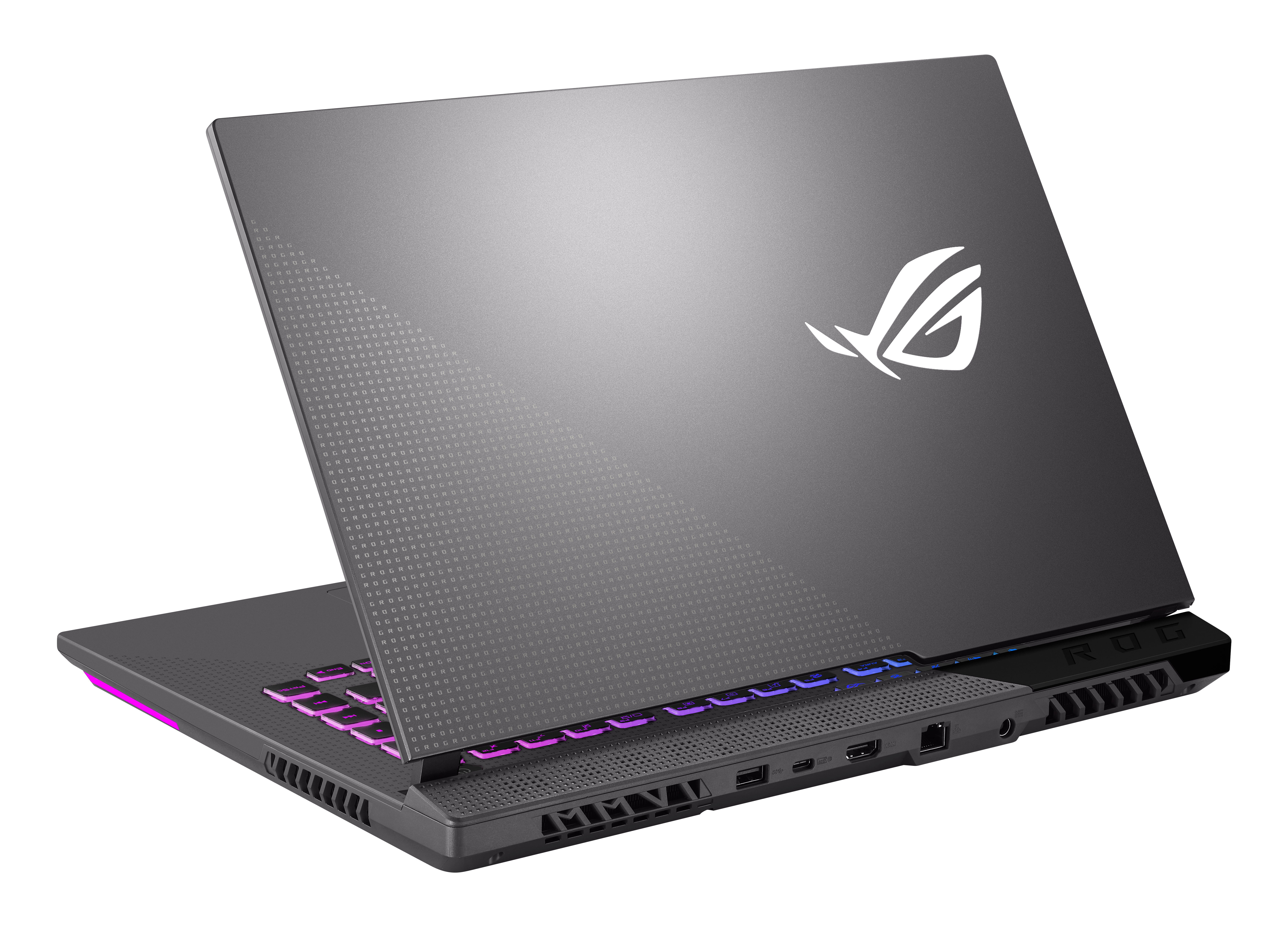 Portátil gris oscuro, abierto, vista en ángulo. Logo ROG en la parte trasera. Teclado visible.
