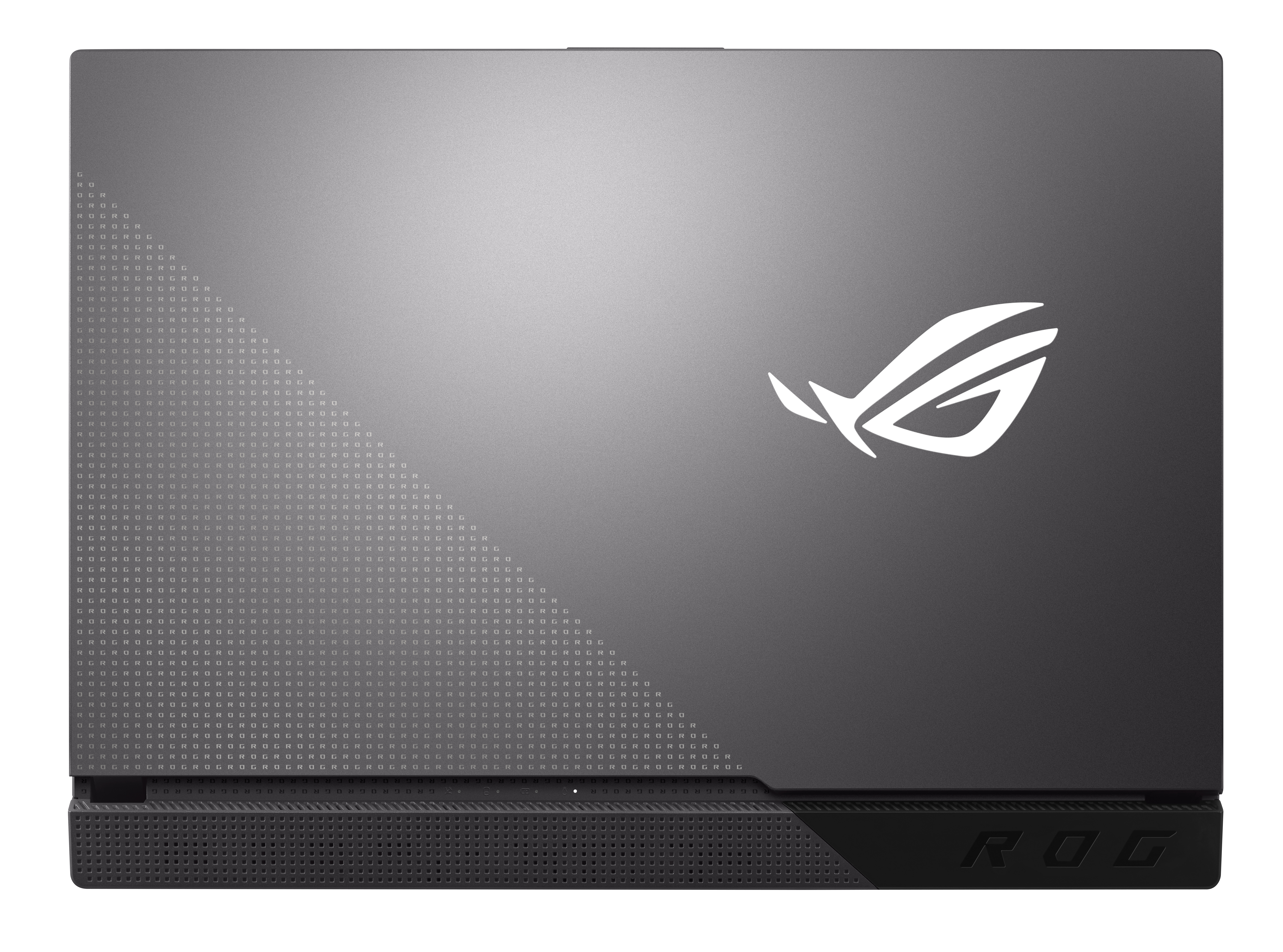 Una tapa de portátil gris con el logotipo ROG. La parte inferior tiene ventilaciones.