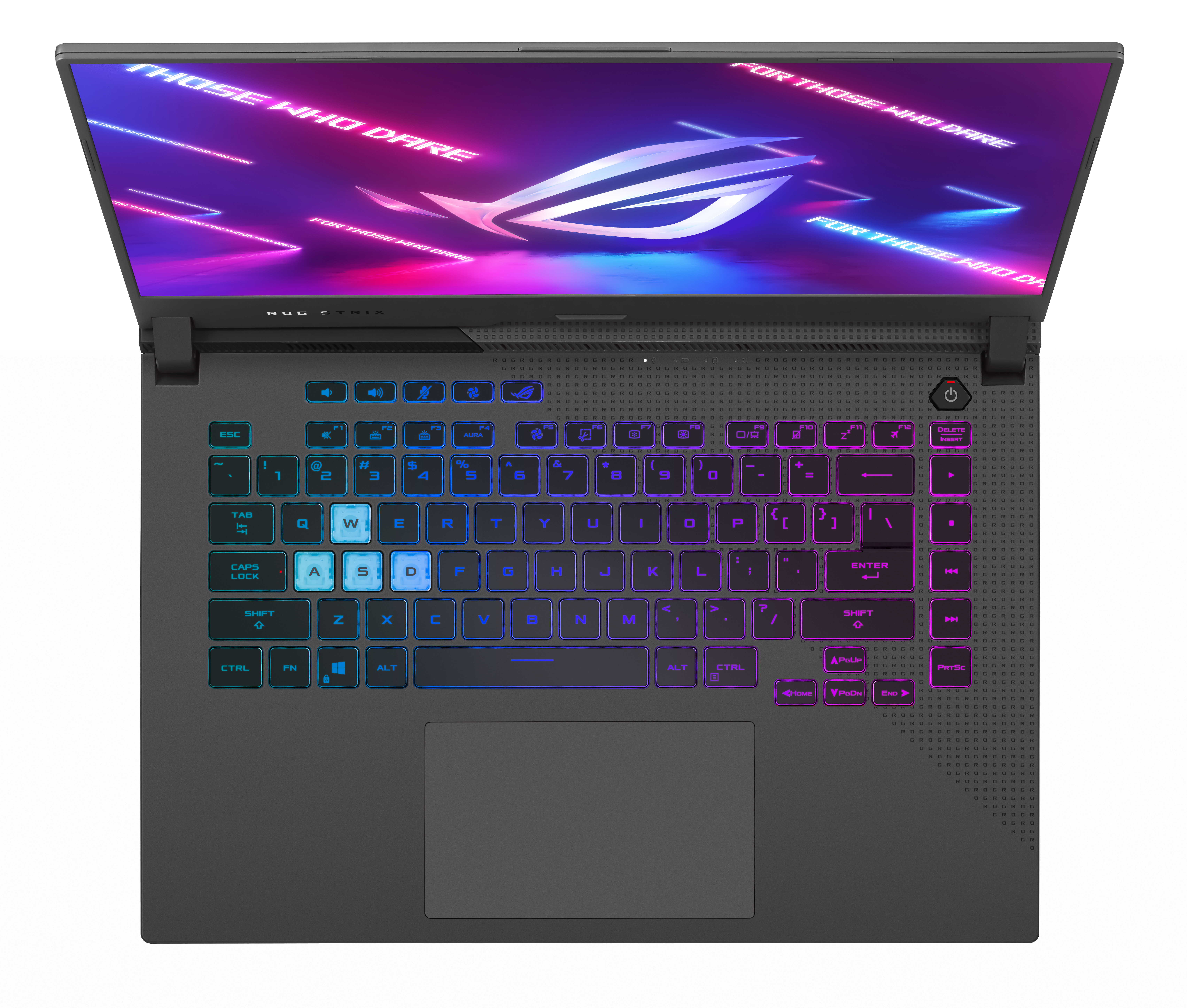 Un teclado de portátil con teclas iluminadas, con el logotipo ROG y el texto 'FOR THOSE WHO DARE'.