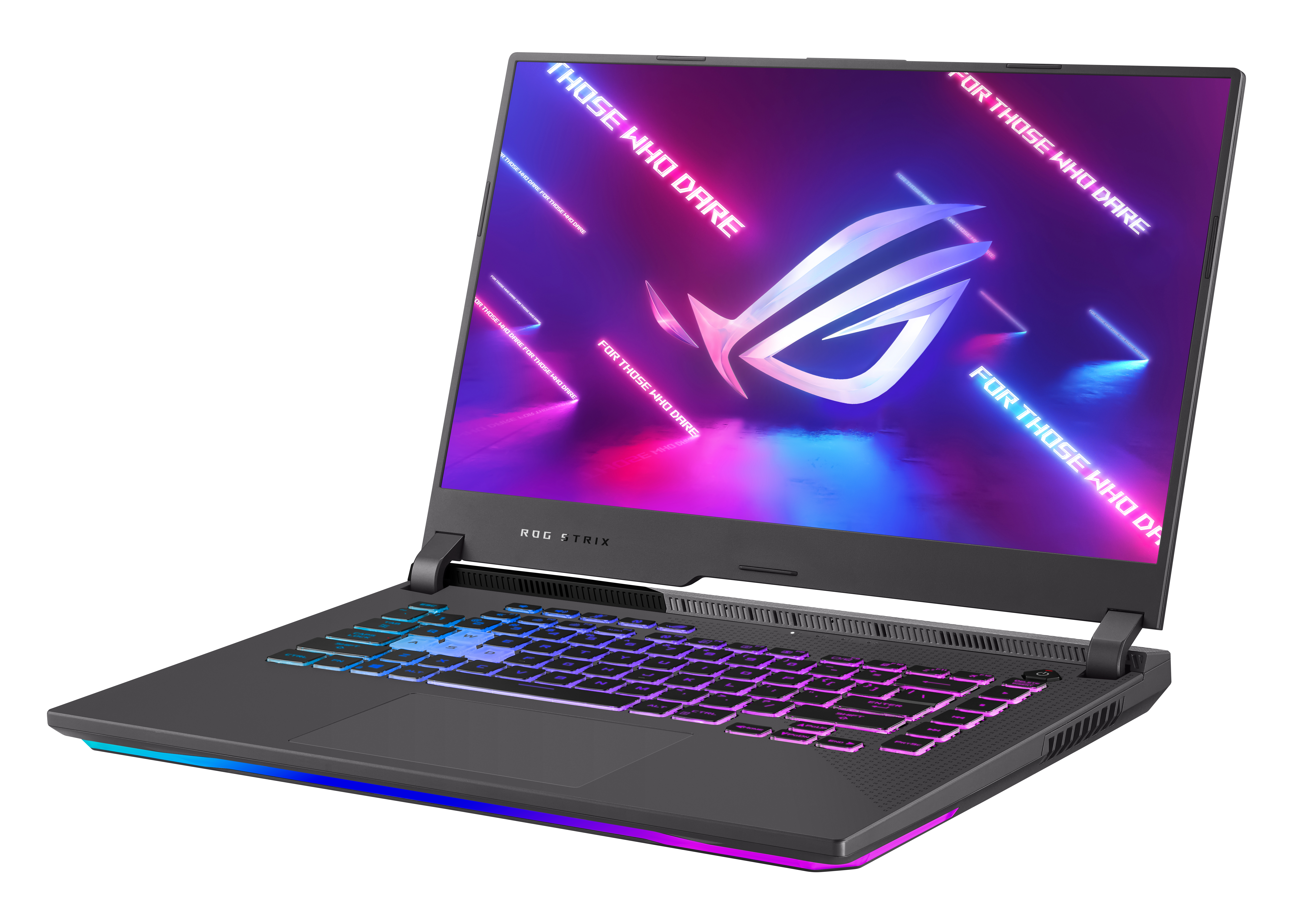Ordenador portátil abierto con teclado iluminado y pantalla que muestra un logotipo colorido.