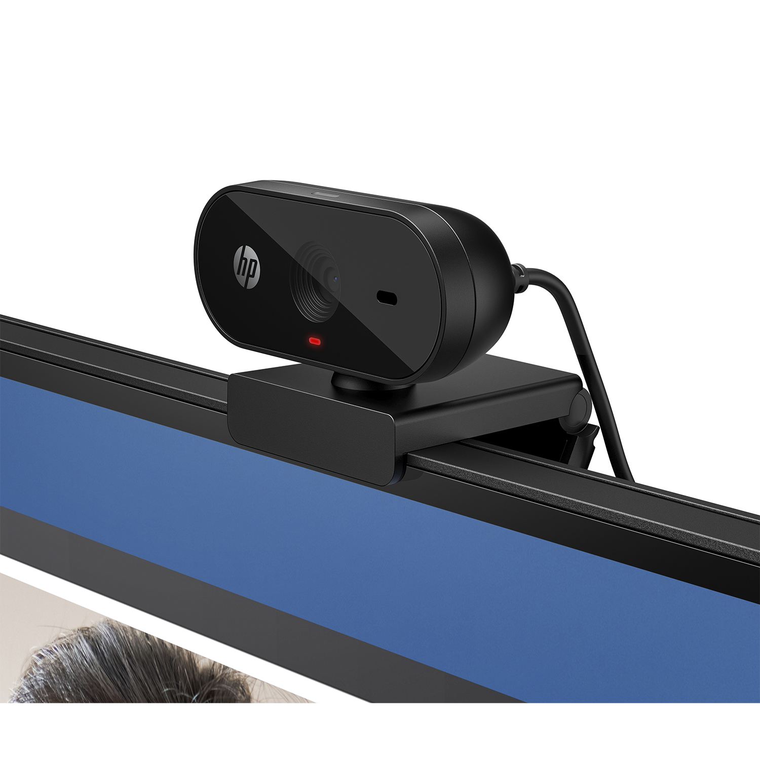 Webcam HP nera montata su un display, con luce rossa.