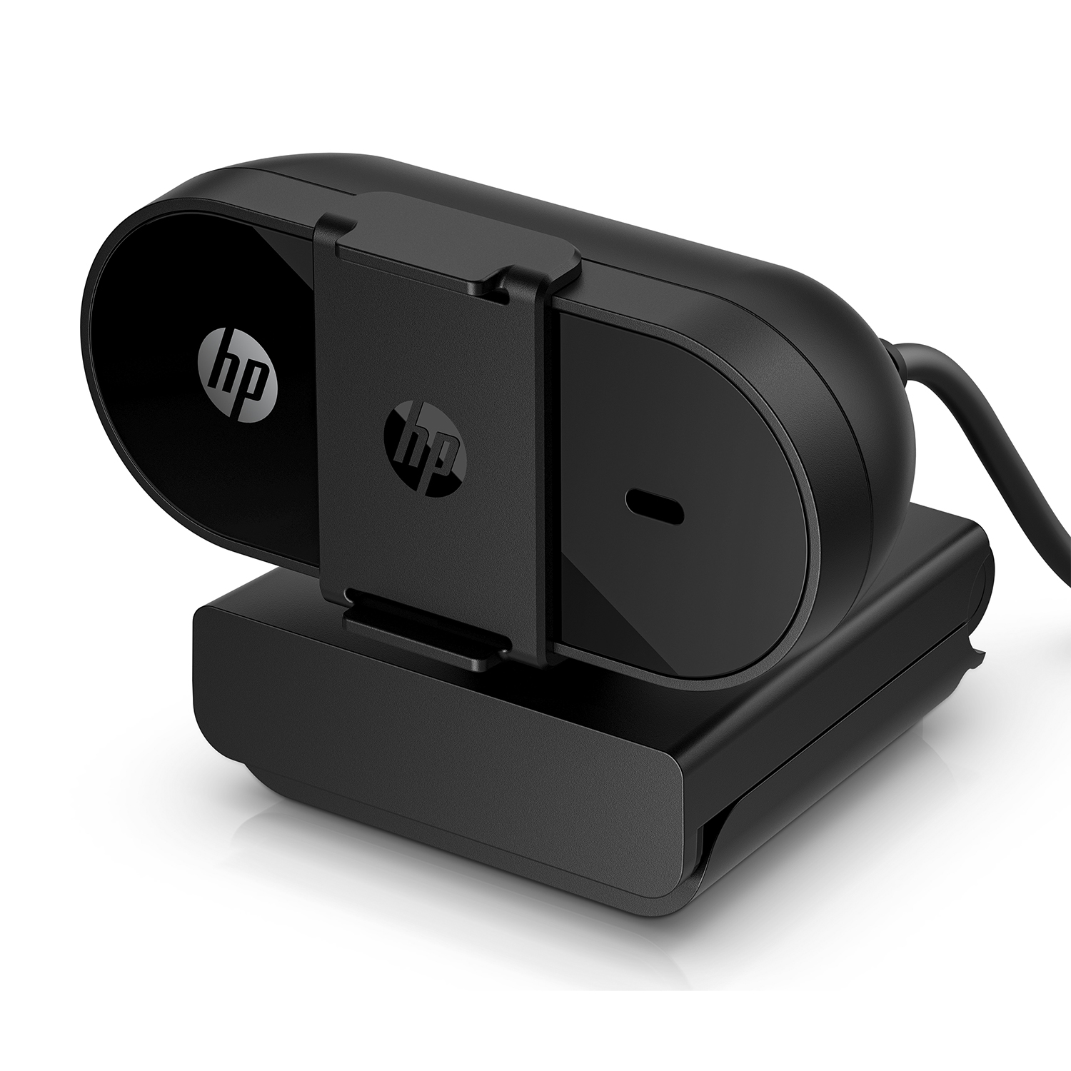 Webcam HP nera su superficie bianca. Ha una clip nera e un filo.