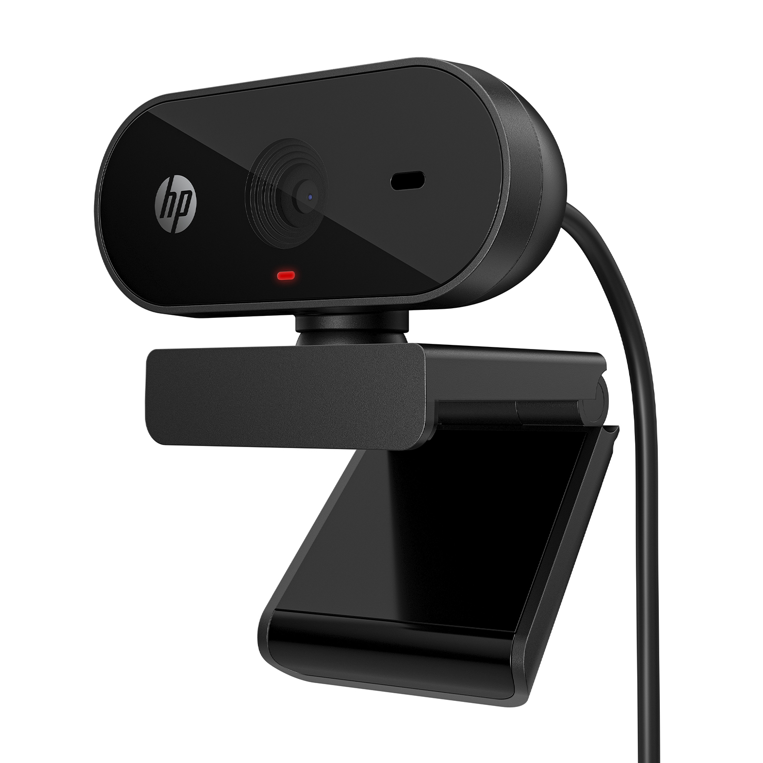 Webcam HP nera. Presenta un obiettivo, luce rossa e supporto.
