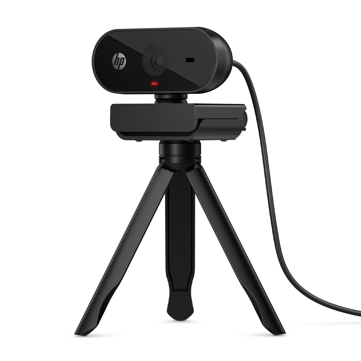 Webcam HP nera su un treppiede, con una luce rossa.