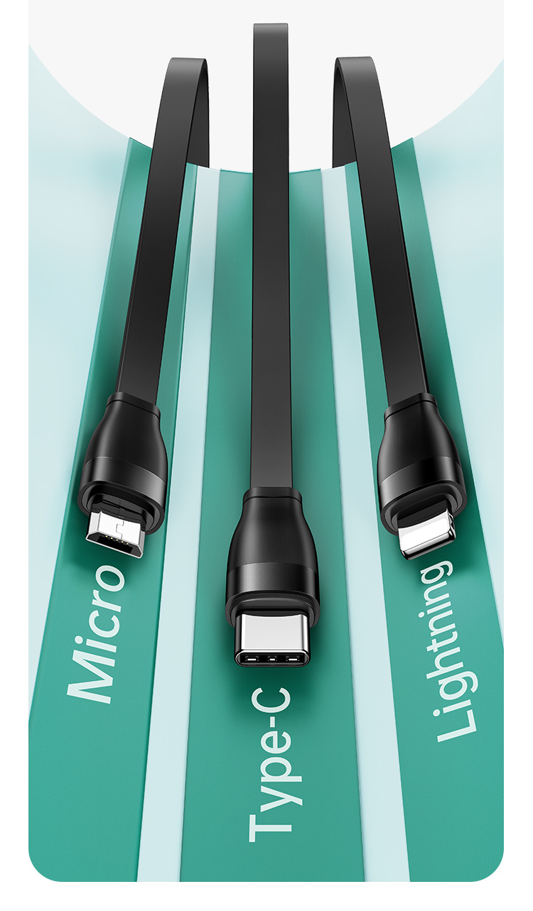 Három fekete USB kábel Micro, Type-C és Lightning csatlakozókkal.