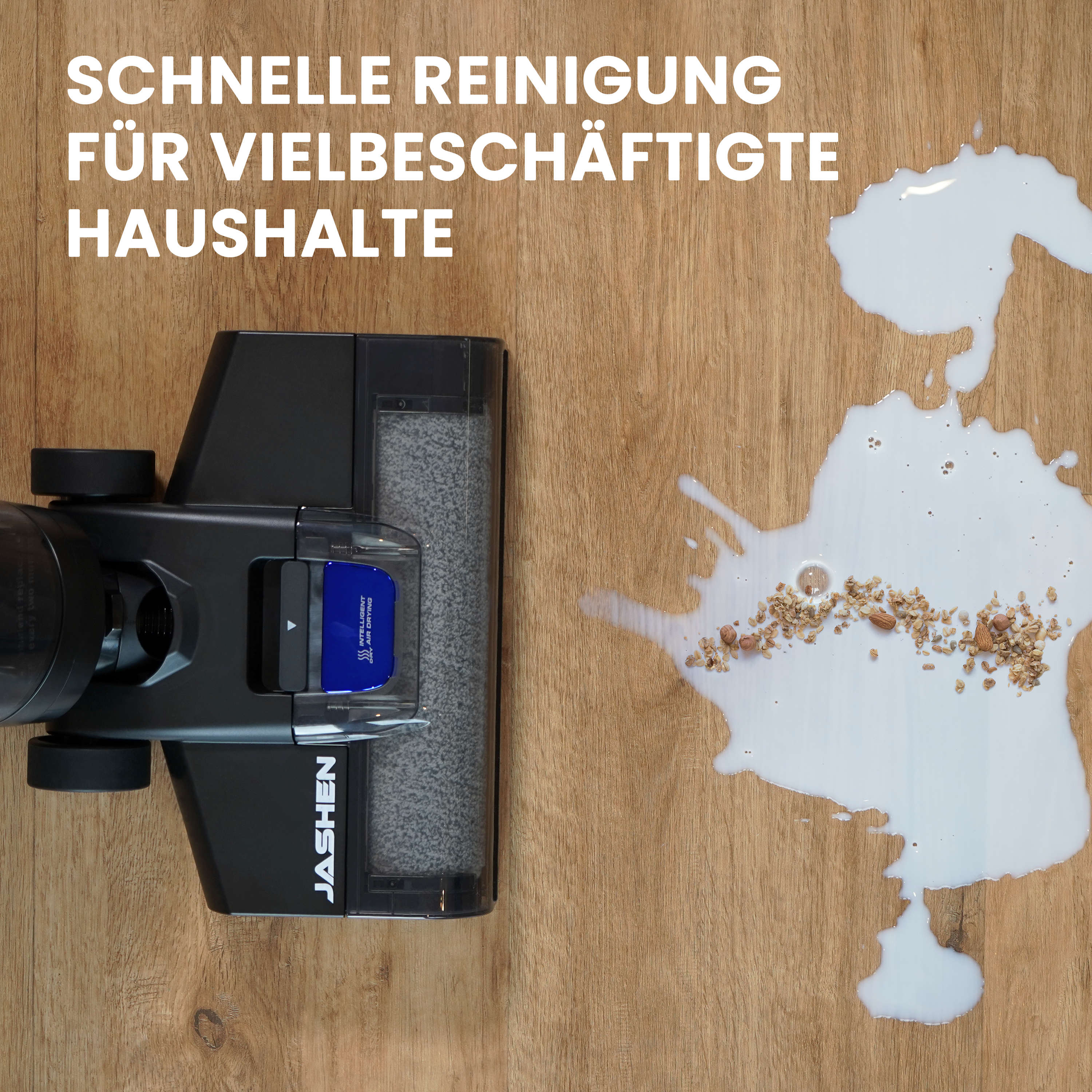 Reinigungswerkzeug mit Text und Milch- und Lebensmittelflecken auf einer Holzoberfläche.
