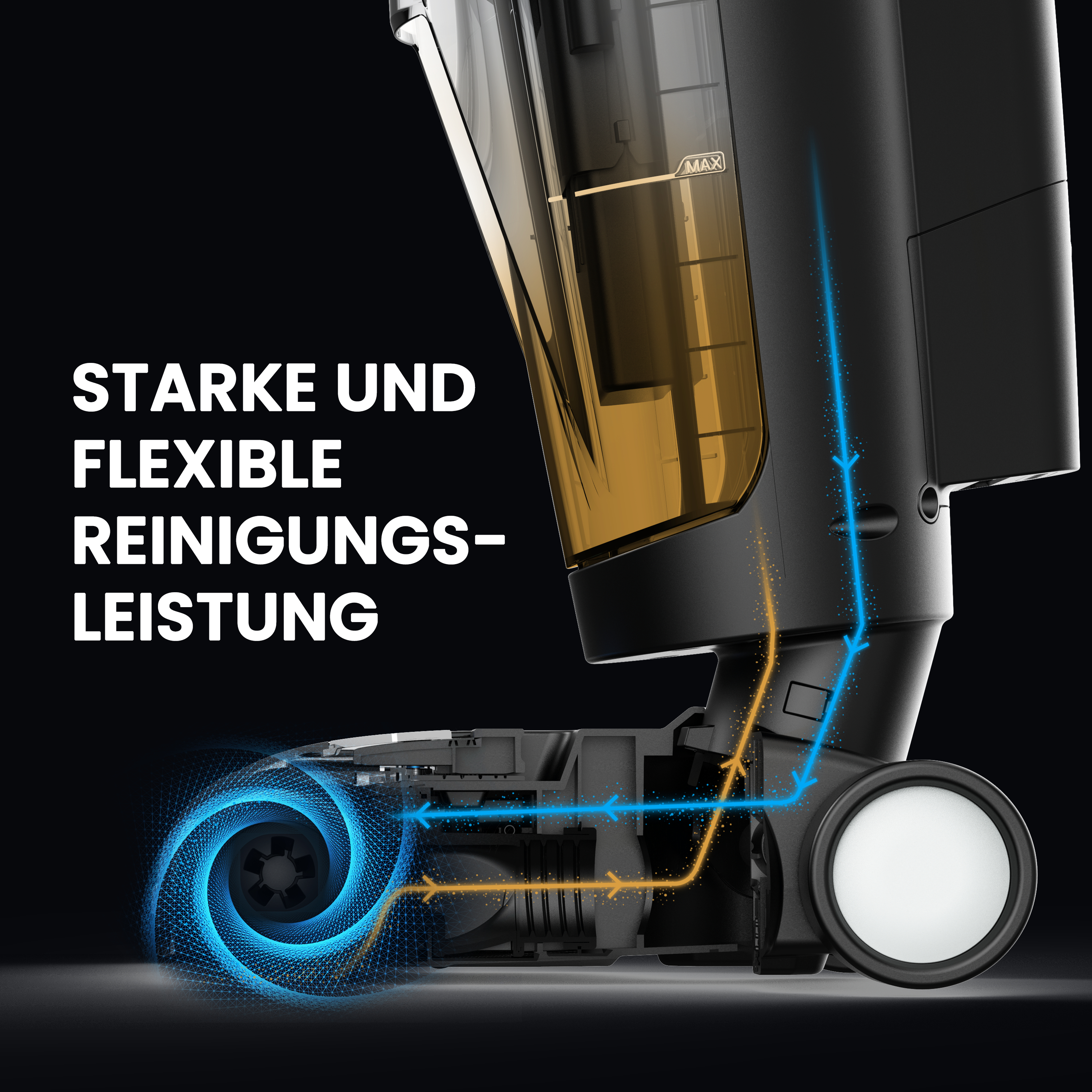 Detail des Staubsaugers, der den Luftstrom zeigt, mit deutschem Text.