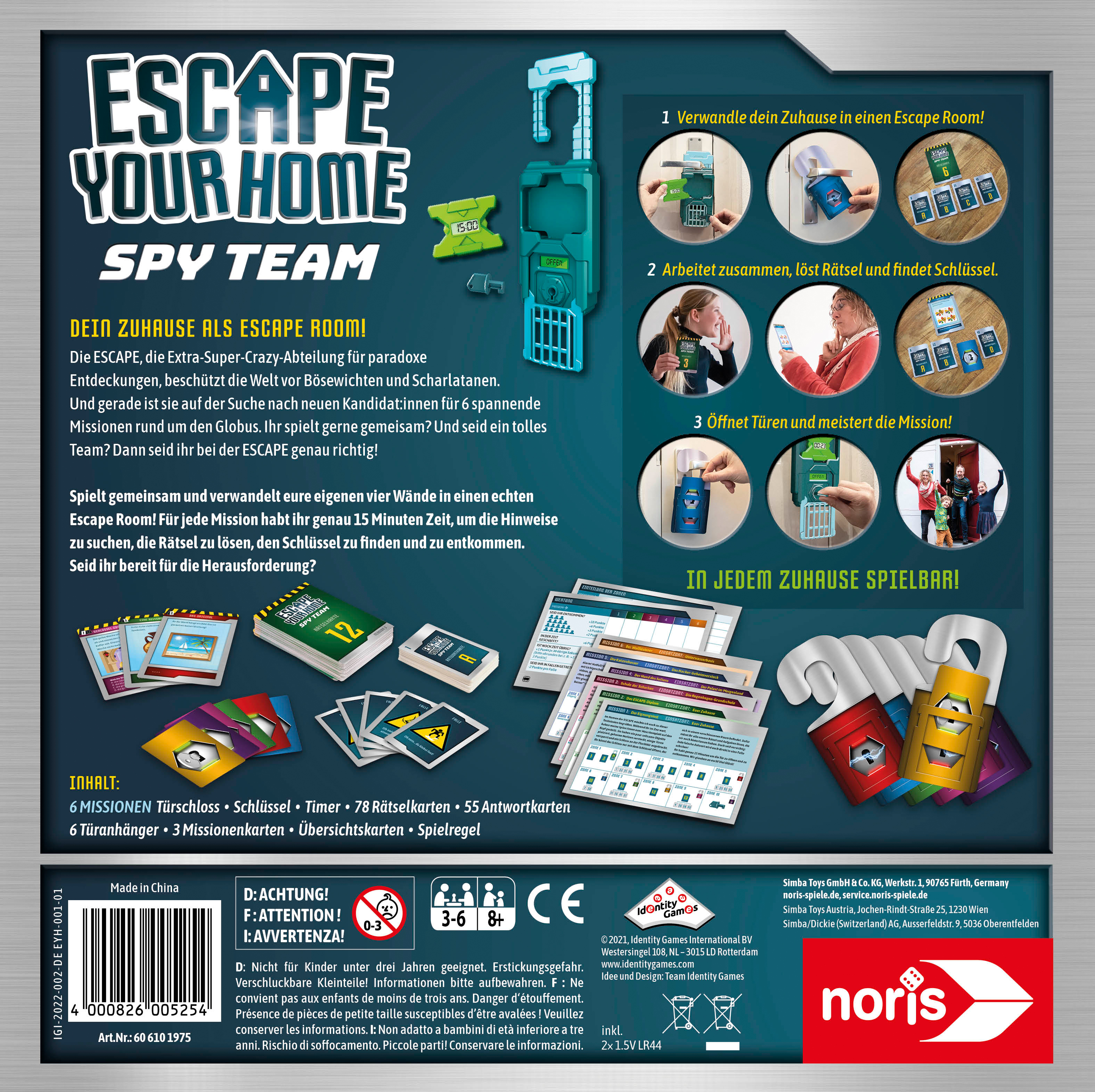 Escape Your Home-Spielbox mit Spielsteinen und Anweisungen.