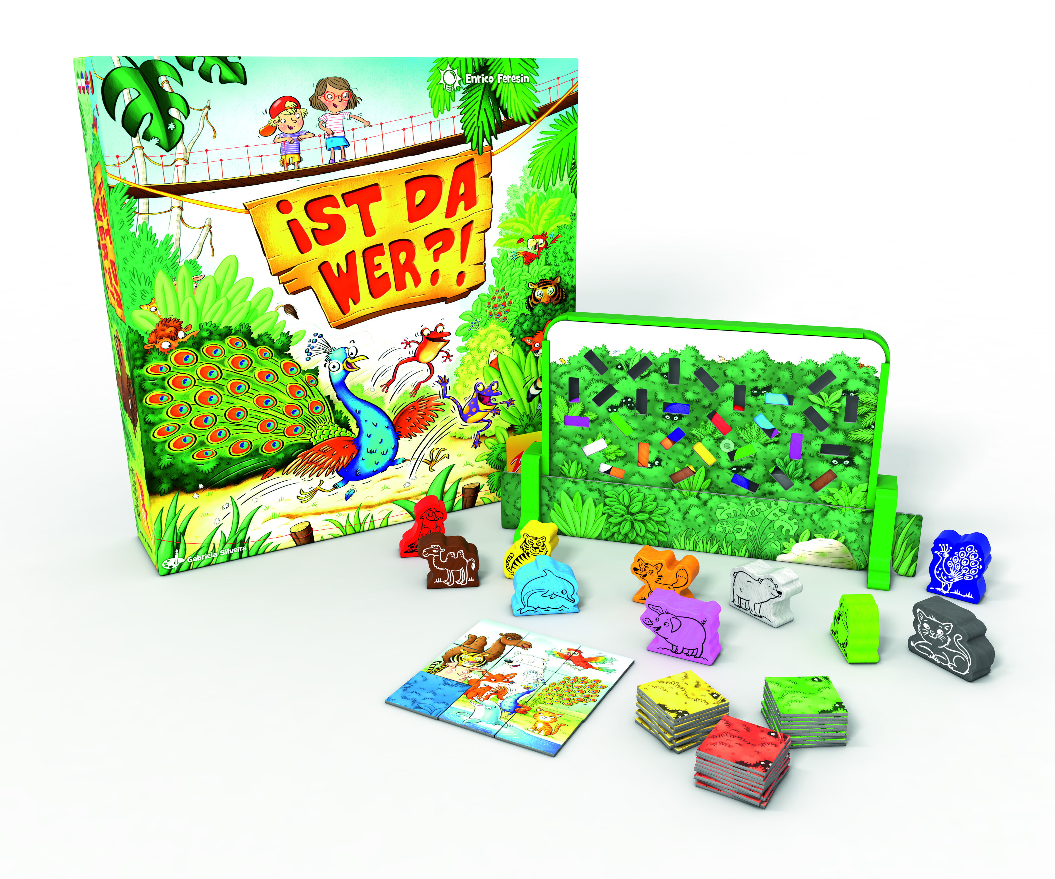Eine Brettspielbox und Komponenten mit Cartoon-Illustrationen und Text auf Deutsch.
