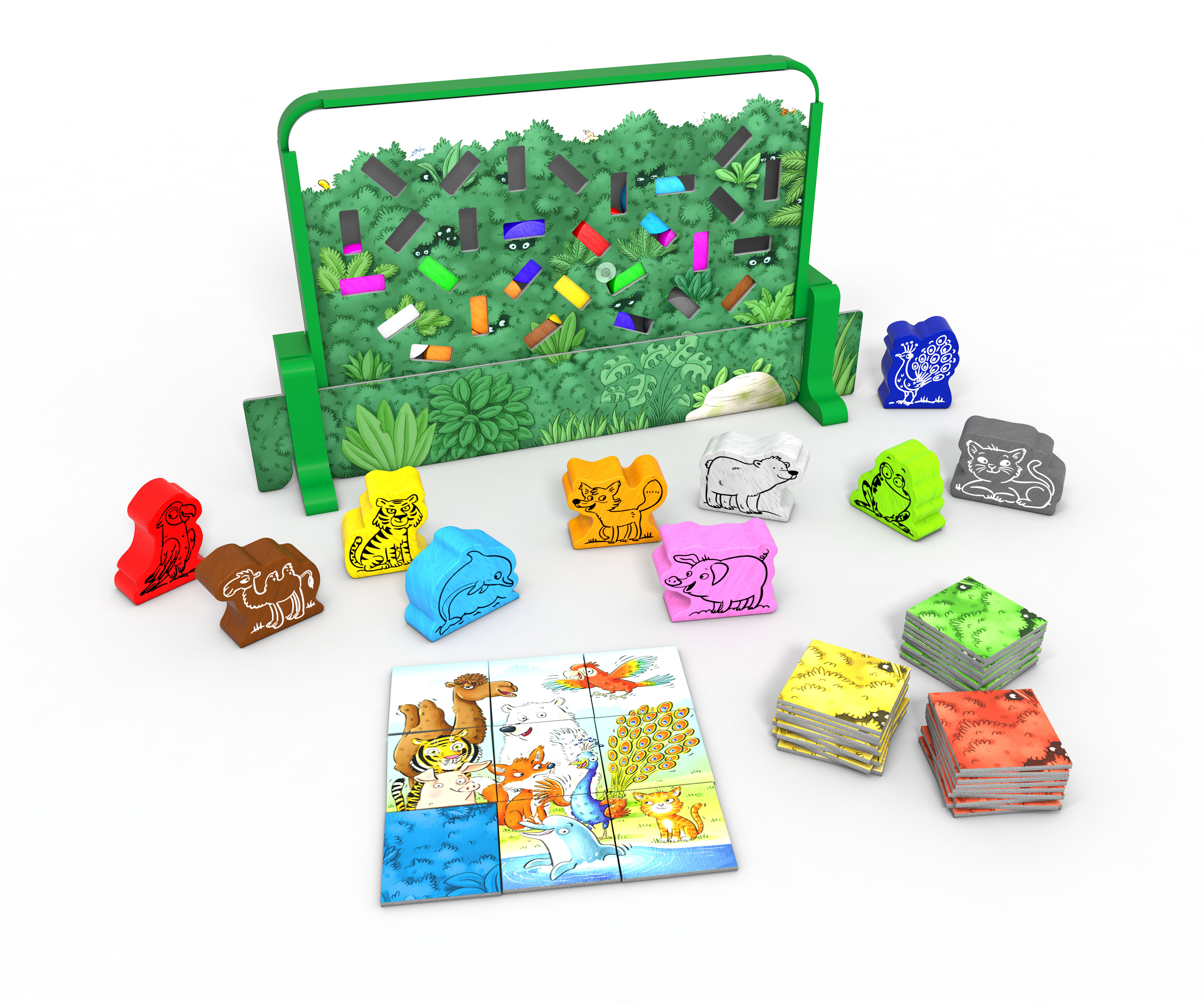 Holzspiel mit Tierfiguren und einem Puzzle. Grüner Rahmen und weißer Hintergrund.