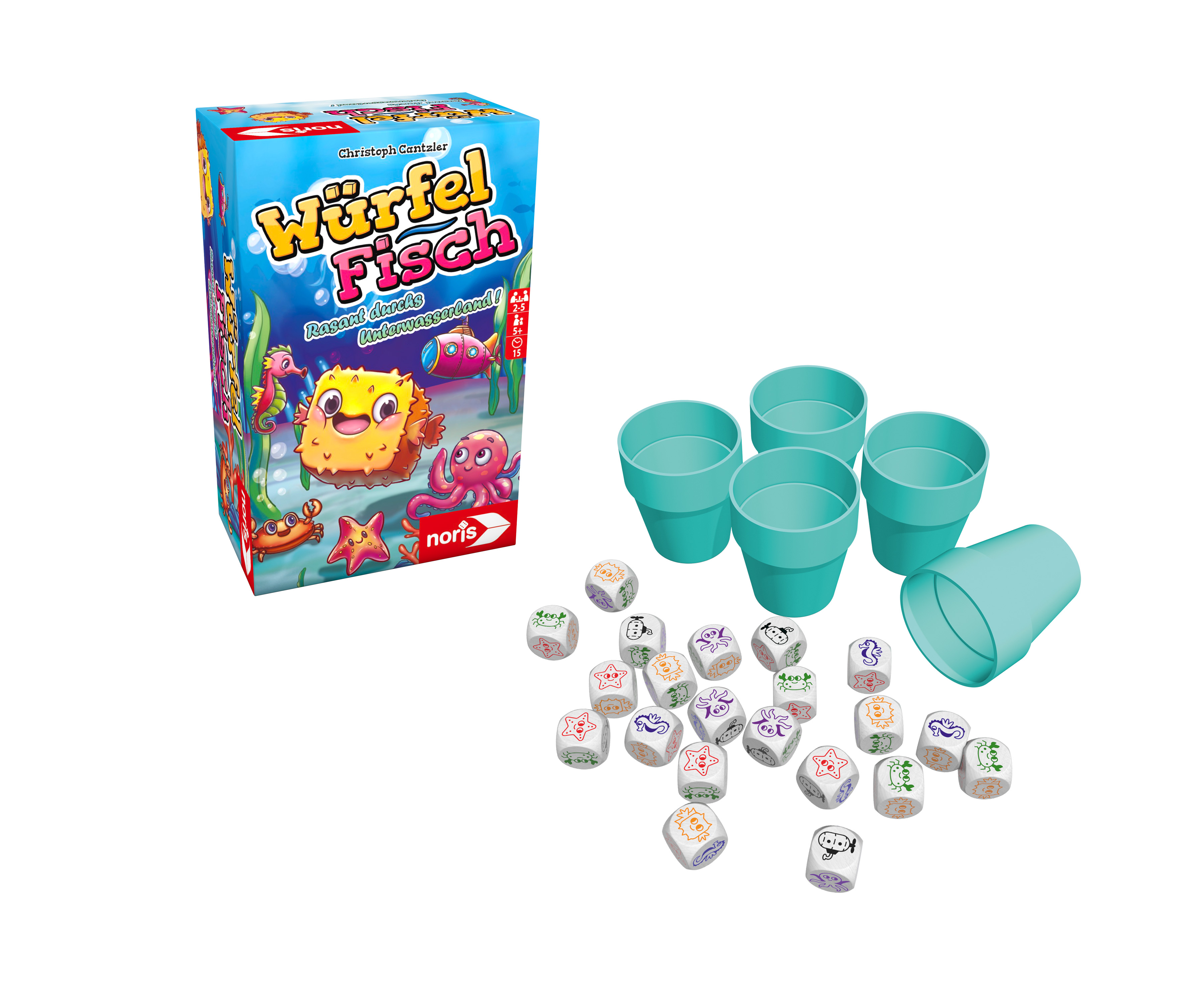 Brettspielbox, Würfel und türkisfarbene Töpfe. Die Box hat ein Ozeanthema mit Cartoonfiguren.