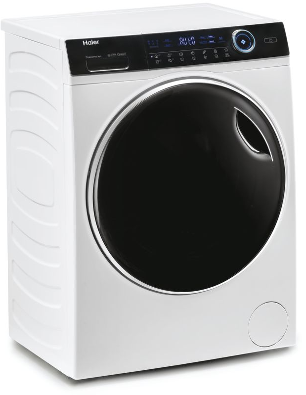 Eine weiße Haier Waschmaschine mit schwarzer Tür und digitalem Display.