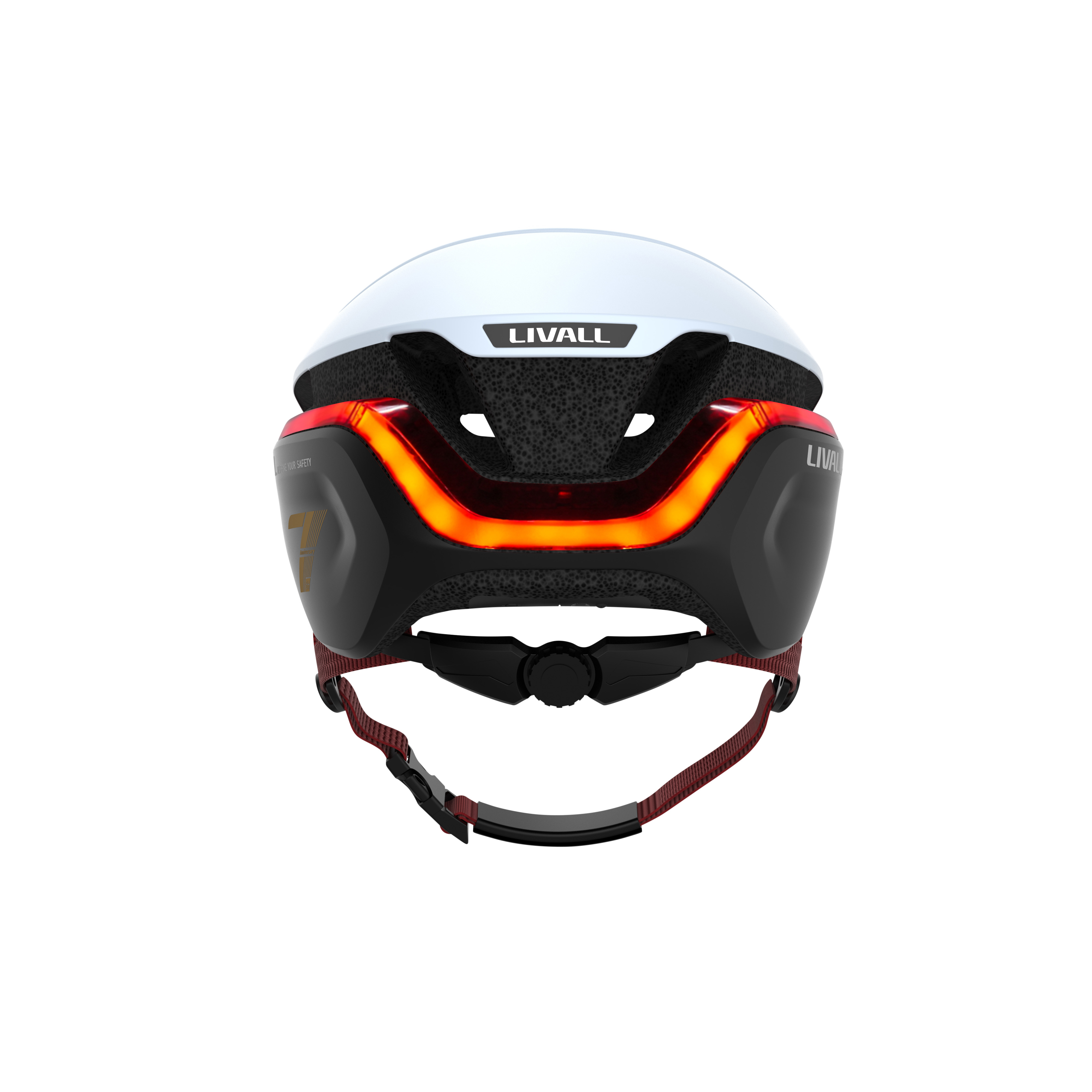 Weiß-schwarzer LIVALL-Fahrradhelm mit Rücklichtern, rote Riemen.